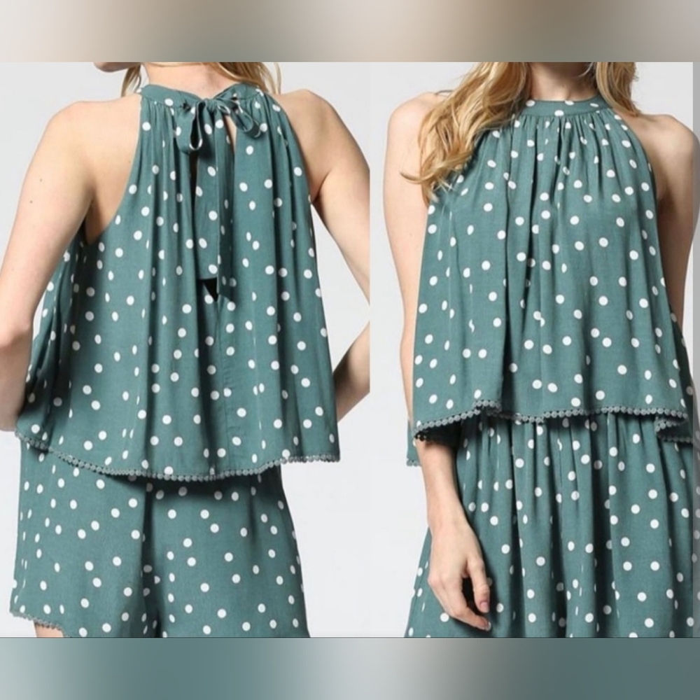 ​VICI Polka Dot Halter Jumpsuit Romper Green White Viscose Back Tie Small S